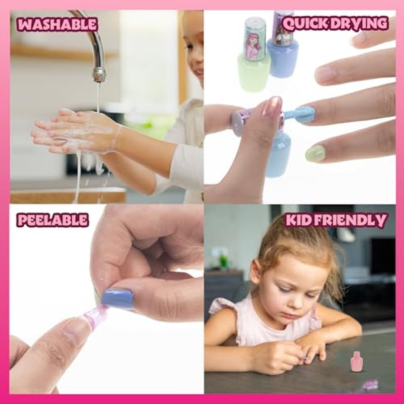 Townley Girl Barbie 8 Piece Nail Polish Set with Nail Dryer for Kids, Peel-Off Water-Based, Safe for Kids, Batteries Not Included, Ages 3 and Up