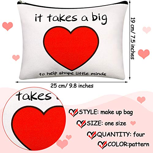 Weewooday 4 Pieces Teacher Gifts Makeup Bags Teacher Appreciation Gifts for Women Thank You Cosmetic Bag Graduation Birthday Christmas Cosmetic Bag Heart Pattern Cotton Pouch Case