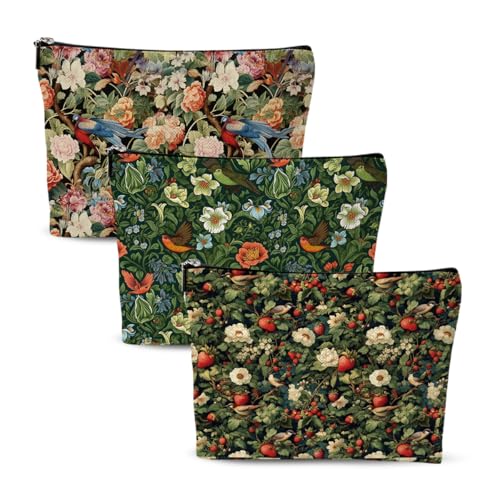 3pcs Cosmetic Bags for Women Makeup Bag, Bachelorette Party Favors Christmas Birthday Friendship Gifts for Women Girls Mom Travel Toiletry Bag Skin Care Bag, Vintage Forest Flowers Birds Patterns