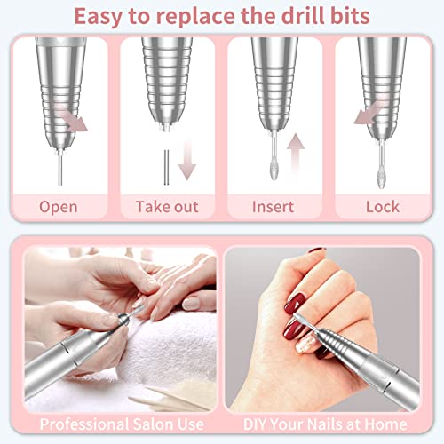 Portable Nail Drill Professional 35000 RPM, MOCOWIND Rechargeable Electric Nail File Machine E File for Acrylic Gel Polishing Removing, Cordless E-File with Bits Kit for Manicure Salon Home, Pink