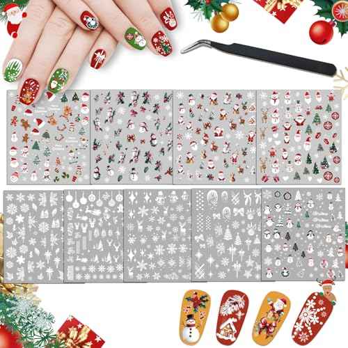 9 Sheets Christmas Nail Stickers for Girls Women and Kids, Nail Art Stickers Snowman Penguin Elk Santa for Nail Art Decoration with Tweezers for Christmas Stocking Stuffers & Gifts