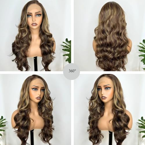 Ombre Brown Highlight Lace Front Wigs 13X6 Body Wave Synthetic Lace Front Wig For Black Women Highlight Wavy Wigs HD Glueless Lace Frontal Wigs Free Part Ready To Wear Wig