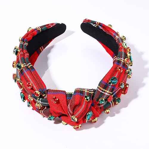 boderier Christmas Headbands for Women Red Plaid Headband Jeweled Crystal Wide Knotted Headband Xmas Holiday Hair Accessories Gifts (Red Plaid)