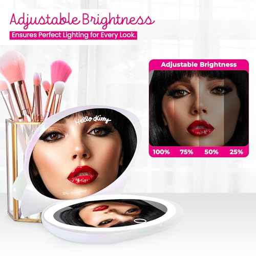 Impressions Vanity Hello Kitty Kawaii Lighted Compact Mirror for Purses, Double Sided Travel Makeup Mirror with 2X Magnification, Adjustable LED Lighting and Soft Touch Switch (Iridescent)