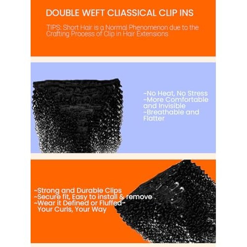 Human Hair Clip in Extensions 4.23oz 8Pcs Double Weft Kinky Curly Clip in Hair Extensions 18Inch Natural Black Soft Virgin Curly Extensions Human Hair For Black Women 120g