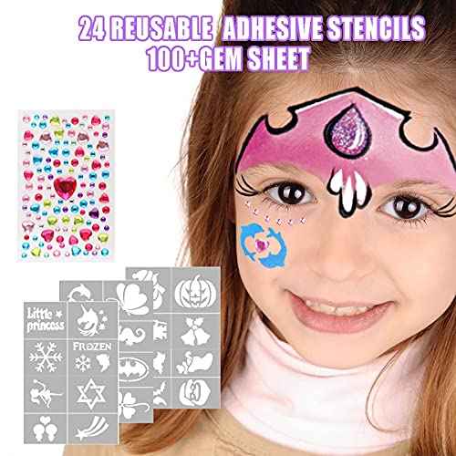 Bowitzki Face Paint kit-18 Colors, Split Cake Face Paint, Hair Chalks, Brushes, Sponges, Glitters, Gems, Reusable Stencils,Professional Non-Toxic Halloween Party Makeup Body & face Painting