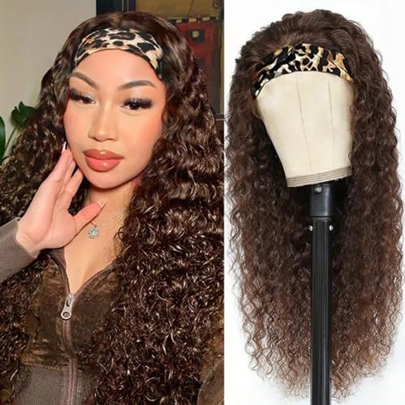Aiterina Headband Wig Human Hair Headband Wig Deep Wave Human Hair Wigs for Black Women Glueless Human Hair Wigs Machine Made 150% Density No Lace Deep Headband Wig Chocolate Brown 24 inch