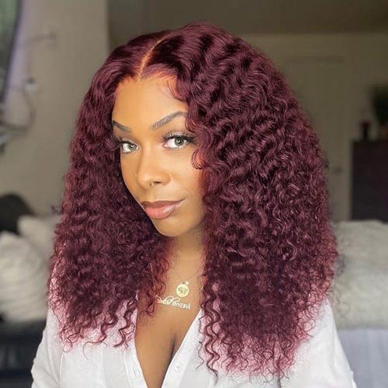 Hihmarm 99j Burgundy Deep Wave Lace Front Wigs Human Hair 13x4 HD Lace Frontal Wigs For Black Women Burgundy Lace Front Wigs Human Hair Pre Plucked 180% Density Red Curly Glueless Wig 16 Inch