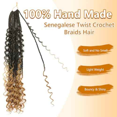 Senegalese Twist Crochet Hair with Curly Ends - 16 Inch Boho Island Twist Crochet Hair 8 Packs Boho Goddess Twist Crochet Hair Pre Looped Crochet Twists with Curly Ends(16(8Packs), 1B/27)