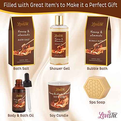 Mother's Day Spa Gift Baskets For Women, Honey Almond Body Set, Birthday Gift - Shower Gel, Bubble Bath, Body Butter, Bath Salt, Oil, Candle, Caviar, Soap, Home Diffuser, Scrubber