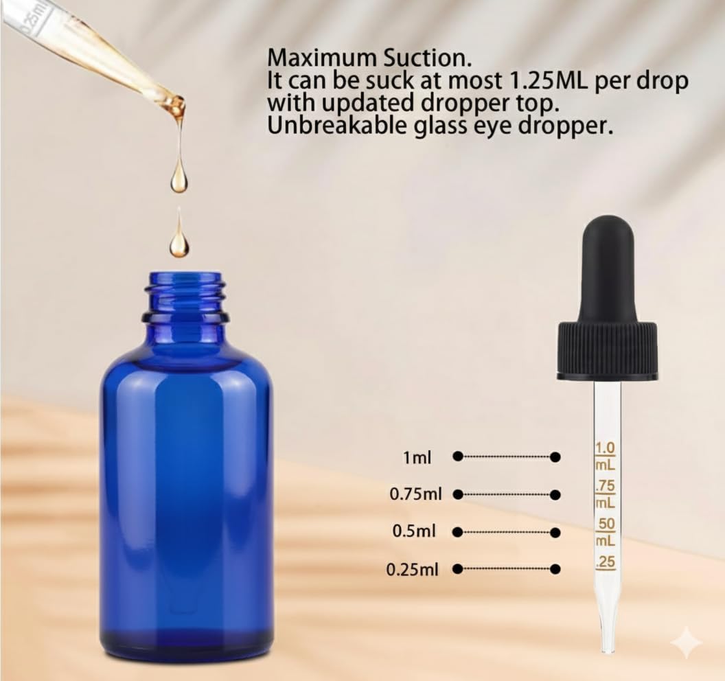 Cobalt Blue Dropper Bottles - 20 Pack 4 oz Measurement Dispensers for DIY Essential Oils, Hair Serums & Skincare | Refillable 120ml for Home & Travel