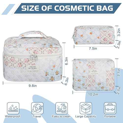 Quilted Makeup Bag Set - 3 PCS Cute Floral Cotton Makeup Bag, Large Coquette Aesthetic Make up Cosmetic Bag, Flower Travel Toiletry Organizer Bags for Women Girls