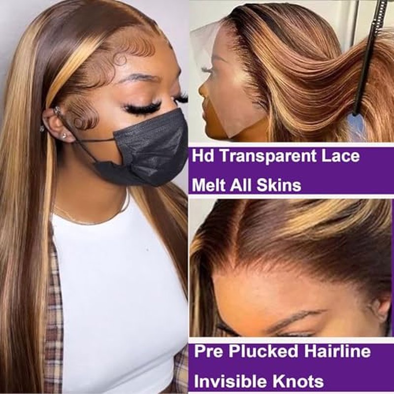Lemoda Outlet Deal 12A 26Inch Highlight Straight Human Hair Lace Front Wigs 13x4 Ombre 4/27 Lace Frontal Wig 180 Density Virgin Human Hair Wigs Pre Plucked