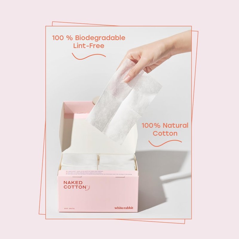 White Rabbit – Naked Cotton Classic – Premium 100% Cotton Pads for Toner Use, Makeup Remover, and Masks | Unbleached, Lint-Free, Extra Soft | Korean Skin Care Product (500 Count)