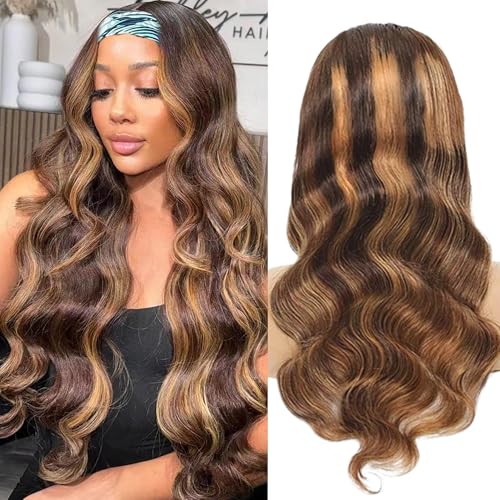 Fylora Ombre Headband Wig Human Hair Body Wave #4/27 Highlight 18 Inch Headband Wigs Human Hair Wigs for Black Women Brazilian Virgin Hair Wear and Go Glueless Wig None Lace Front Wigs 150% Density