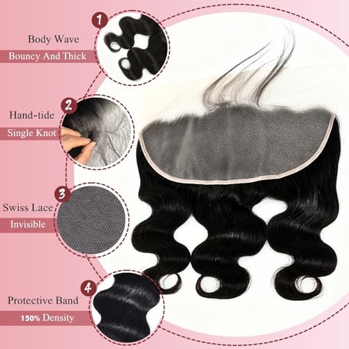 13x4 Lace Frontal Pre Plucked Free Part Body Wave 20 Inch Unprocessed Brazilian Human Hair 150% Density Ear to Ear HD Lace Frontal Natural Black