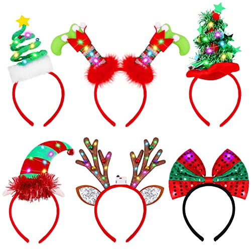 Fovths 6 Pack Christmas Headbands LED Reindeer Head Boppers Xmas Antler Santa Elves Hair Bands for Christmas Holiday Party Accessoriess