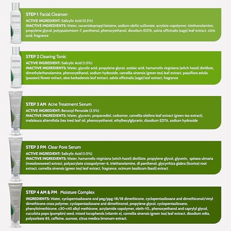 Exposed Skin Care, Expanded Acne Treatment Kit with 2.5% Salicylic Acid and 3.5% Benzoyl Peroxide to Clear Up Teen, Adult, Hormonal and Cystic Acne ? Natural, Non-toxic and Cruelty Free