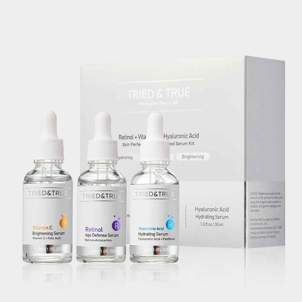 The Ageless Beauty Kit- Retinol Serum, Vitamin C Serum, and Hyaluronic Acid Serum- Skin brightening, anti-aging, skin perfecting kit- 3 Serum Set- TRIED & TRUE