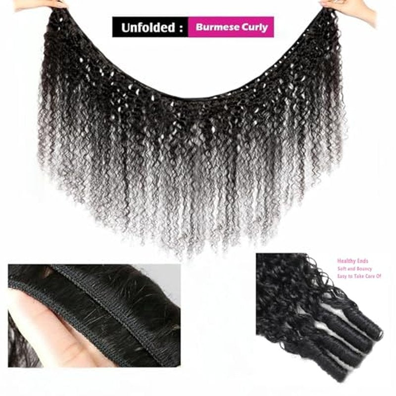 Burmese Curly Bundles Human Hair 18 20 22 Inch 3 Bundles 100% Unprocessed Quick Weave 3c4a Burmese Raw Hair Extension Real Human Hair Water Wave with Spiral Curly End Natural Black