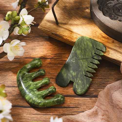 BBTO 2 Pcs Jade Comb for Scalp Massage Gua sha Comb for Head Body spa Hair Multifunctional Handheld Massage Tools (Classic, Natural)