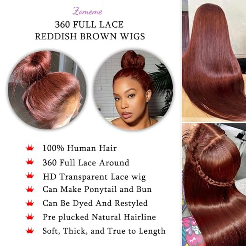360 Wig Human Hair Full Lace Straight 360 Reddish Brown Lace Front Wigs Human Hair Ponytail Wig 360 Auburn Wigs for Black Women Pre Plucked Virgin Hair Colored Wig Natural HairLine 24 Inch