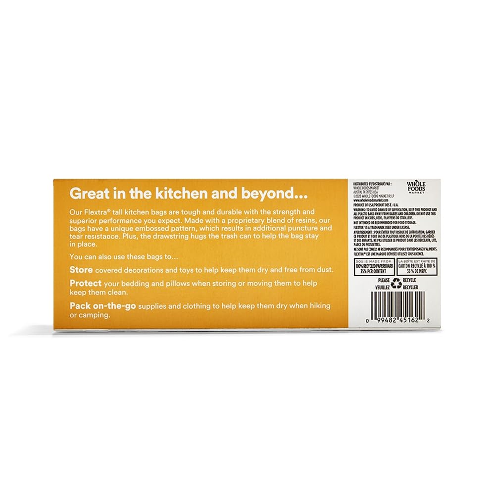 365 by Whole Foods Market, Flextra Strength Drawstring Tall Kitchen Trash Bags, 13 Gallon, 20 Count