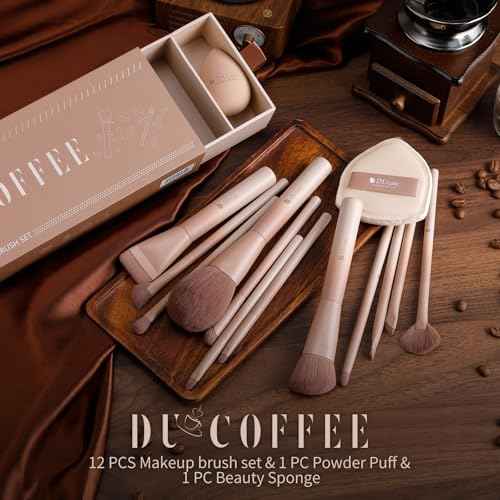 DUcare Christmas Makeup Brushes Set 12Pcs Coffee Series Makeup Brush set with Makeup Sponges Foundation Blending Face Powder Blush Eye Shadows Brushes
