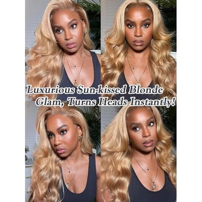 Honey Blonde Bundles with Closure Human Hair Body Wave 10 12 14+10 Inch, Color 27 Golden Ash Blonde 3 Bundles with 4x4 HD Closure 12A 100% Raw Brazilian Virgin Hair Sew In Weave with 4x4 Closure #27