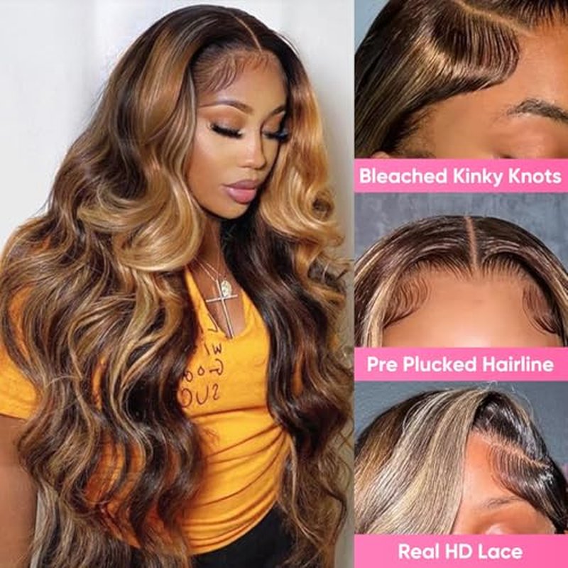 Honey Blonde Ombre 13x6 Lace Front Wig Human Hair 210 Density Highlight Body Wave Lace Front Wigs Human Hair Pre Plucked Glueless Lace Frontal Wig for Women 4/27 Colored 24Inch