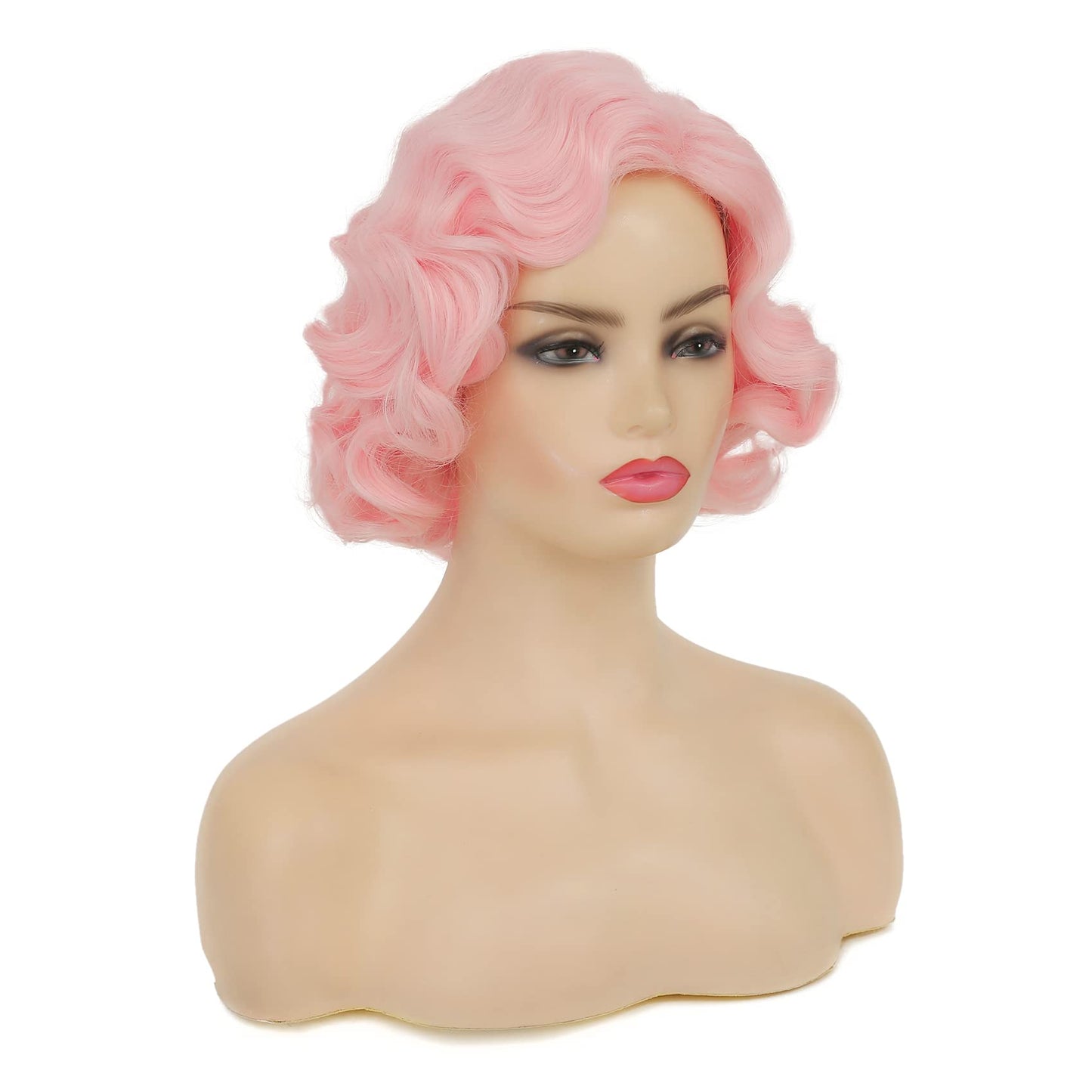 Swiking Short Pink Curly Finger Wave Wigs for Women Synthetic Wig Cosplay Halloween Flapper Vintage Hair Wig (Pink)