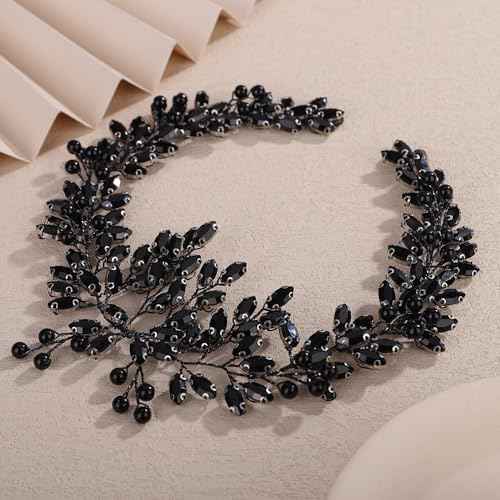 Teyglen Gothic Black Crystal Rhinestone Headband Bridal Crystal Pearl Wedding Hair Vine Simple Rhinestone Hair Piece Halloween Headpiece Costume Hair Accessories for Women(Black)
