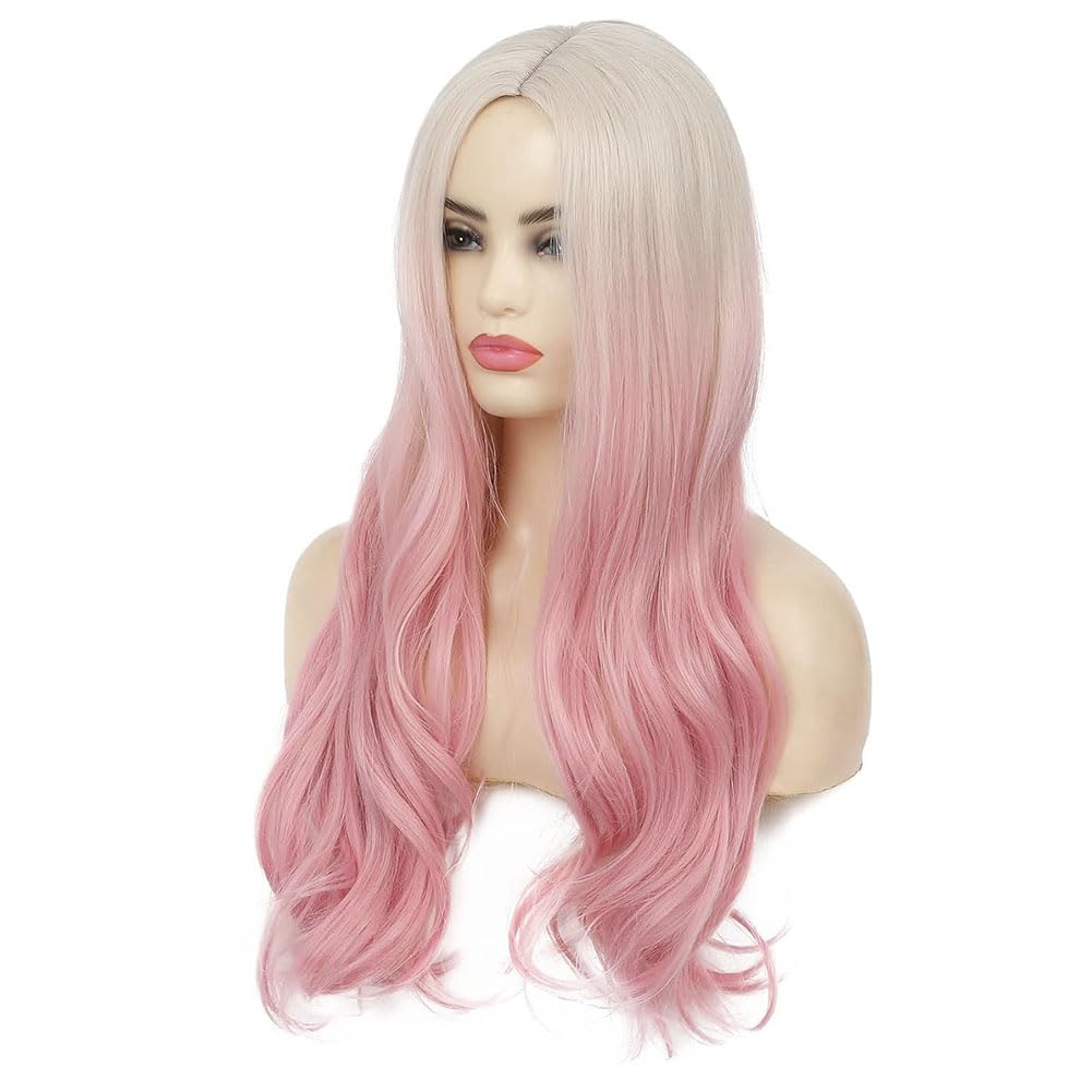Dai Cloud Blonde to Pink Long Wavy Ombre Wig for Women Curly Heat Resistant Synthetic Halloween Cosplay Hair Wigs