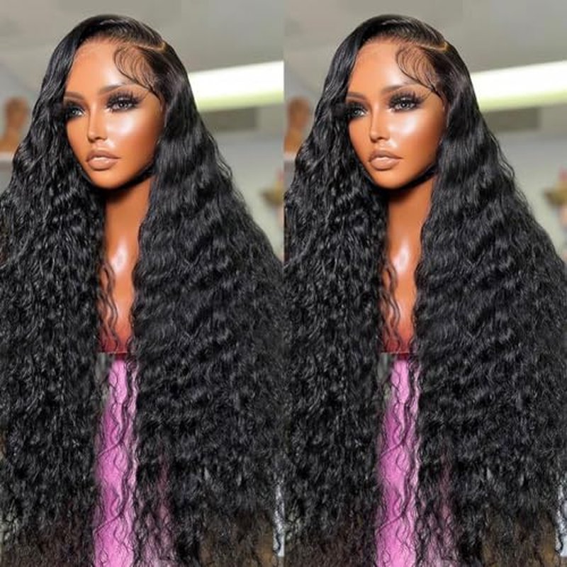 13x6 Deep Wave Lace Front Wigs Human Hair 200% Density 13x6 HD Transparent Lace Frontal Wigs Human Hair for Women Glueless Deep Curly Wig Pre Plucked With Baby Hair Natural Black 28 Inch