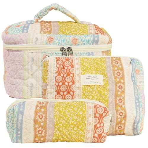Generic Quilted Makeup Bag Set, Cute Cotton Floral Cosmetic Bags, 3 in 1 Set, Travel Toiletry Organizer