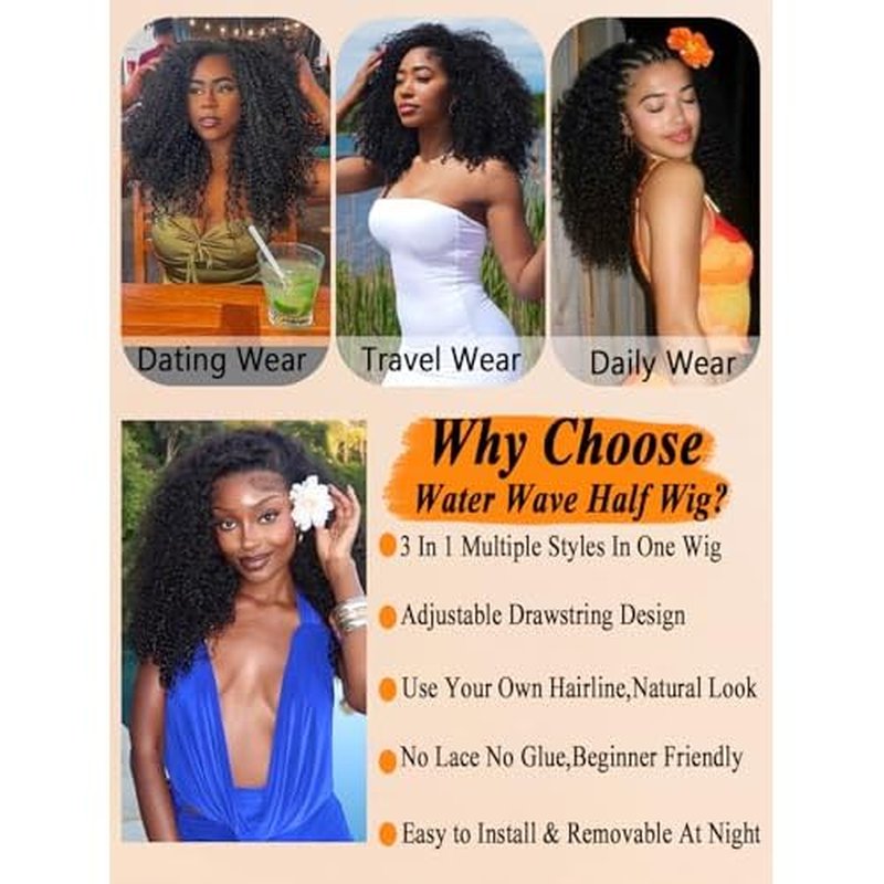 Kinky Curly Half Wig Human Hair 3 In 1 Glueless Wigs Seamless Flip Over with Drawstring Curly Half Wig Human Hair for Women Invisible Hairline Wear Go Beginner Friendly Natural Black 18 Inch