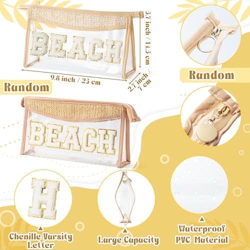 Boho Patch Beach Cosmetic Bag - Summer BEACH Chenille Varsity Toiletry Makeup Bag Beige Letter Clear Waterproof Travel PVC Zipper Clutch Daily Use Purse Summer Makeup Pouch for Women Girls