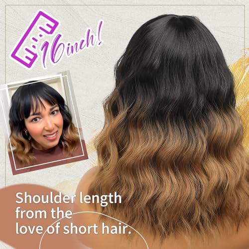Nnzes Short Wavy Wig with Bangs for Women Shoulder Length Bob Curly Women's Charming Synthetic Wigs with Natural Wavy Black To Brown Heat Resistant Hair for Daily Party Use