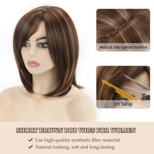 SEVENCOLORS Short Brown Mixed Blonde Bob Wigs for White Women Shoulder Length Synthetic Hair Wigs with Side Bangs Straight Blonde Highlights Women¡¯s Wig