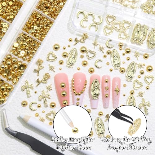 BELICEY 2 Boxes 3D Nail Charms Mix Gold Star Cross Virgin Mary Charms for Nails Gold Flatback Nail Pearls Nail Decoration Gems Pearls for Nails Jewelry for DIY Nail Art Supply Accessories Crafts