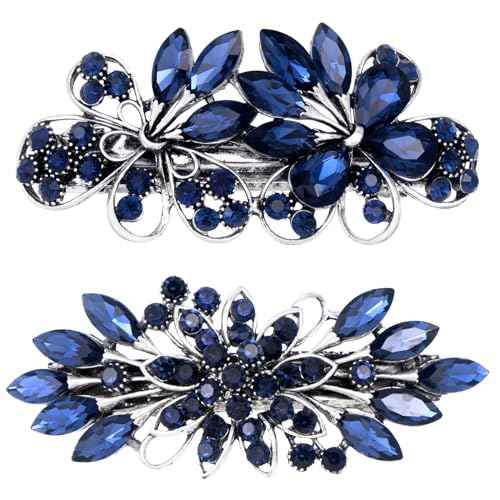 2pcs 3.35inch Vintage Crystal Hair Barrettes, Sapphire Blue Bun Updo Hair Clips, Sparkly Rhinestone French Wedding Prom Formal Hair Jewelry Accessories for Women