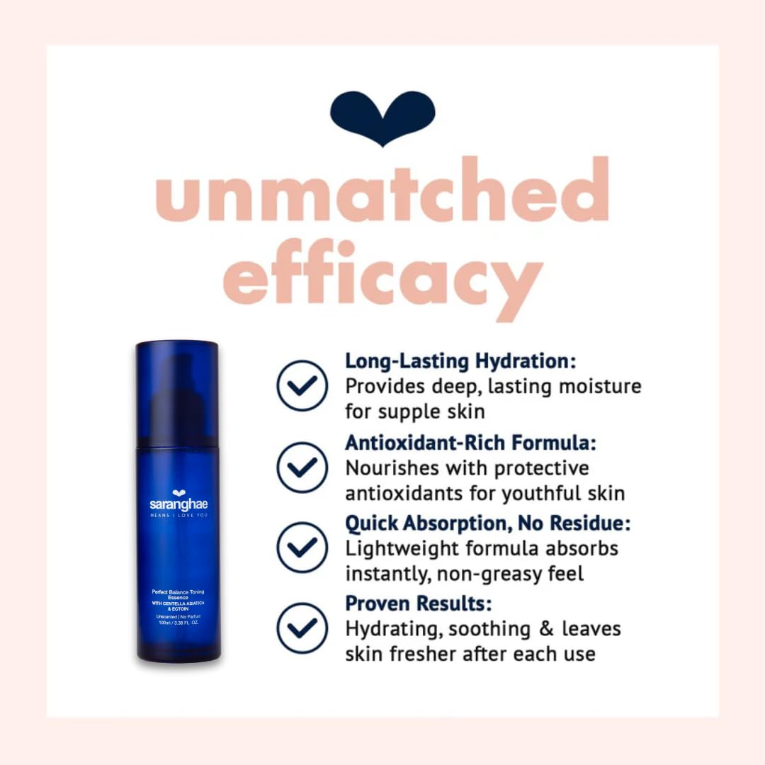 Saranghae Perfect Balance Toning Essence with Centella Asiatica & Ectoin Hydrating pH-Balancing Face Toner Essence with Niacinamide & Hyaluronic Acid Pore Refining Unscented For All Skin Types 3.38 oz