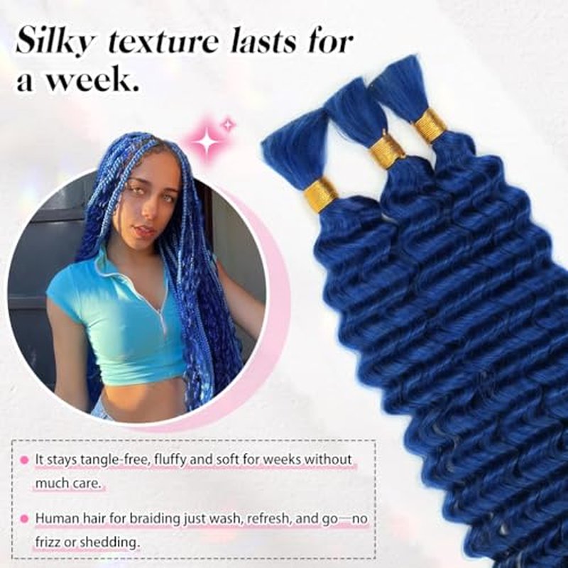18 Inch Deep Wave Human Braiding Hair for Boho Braids ? 120g 3 Bundles/Pack Blue 100% Unprocessed 12A Brazilian Virgin Human Hair Bulk, No Weft, Wet & Wavy Curly Extensions