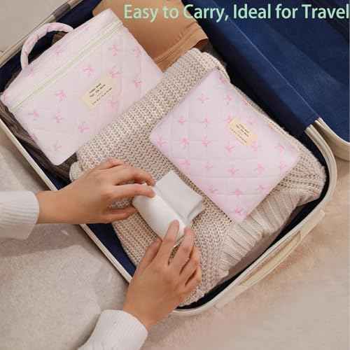 Large Makeup Bag, Cute Cosmetic Bags for Women Girls, Quilted Floral Toiletry Bag, Travel Make Up Organizer Bag