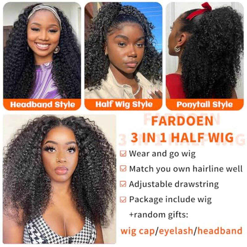 Kinky Curly Half Wig Human Hair 250 Density Headband Wig Human Hair Glueless Wigs Wear And Go Drawstring Seamless Flip Beginner Friendly Curly Wig Human Hair Wigs For Black Women 16 Inch