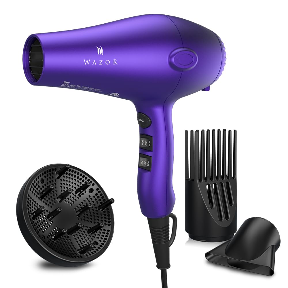 Wazor 3rd Generation Lightweight Low Noise Hair Dryer,(1875W Tourmaline Ceramic Negative Ionic Blow Dryer 2 Speed 3 Heat Settings Cool Shot with Diffuser Concentrator(Purple)