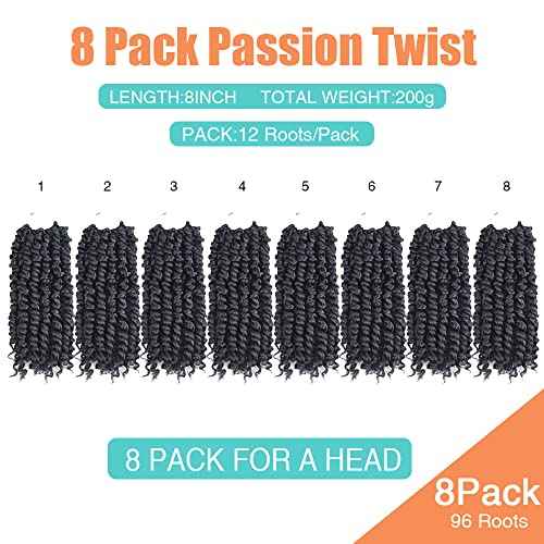 Short Passion Twist Hair 8 Inch, 8 Packs Pre-twisted Passion Twists Crochet Hair for Black Women Pre-looped Synthetic Crochet Braids(8 Packs,1B#)