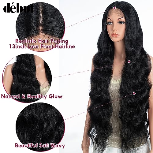 D?BUT 13x4 T Part Lace Front Body Wave Synthetic Wig Extra Long Wavy Middle Part Wigs Pre Plucked Hairline with Baby Hair 36 Inches 1B Color