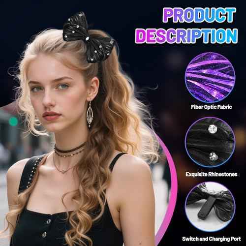 LED Bow Hair Clips 7 Colors Light up Hair Accessories Rhinestone Rave Clips Cute Headpiece Glow Hair Barrettes for Women
