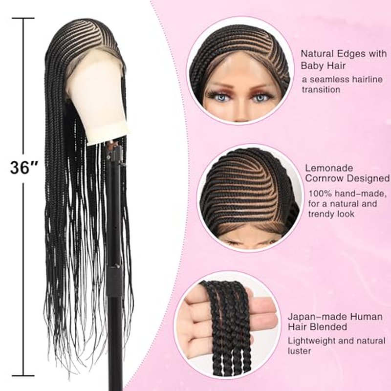 Kalyss 13X8 Lemonade Cornrow Braided Wigs for Women Lace Front Braided Wigs Premium Synthetic Long Braided Wig with Baby Hair Side Parting Braided Wig 36"